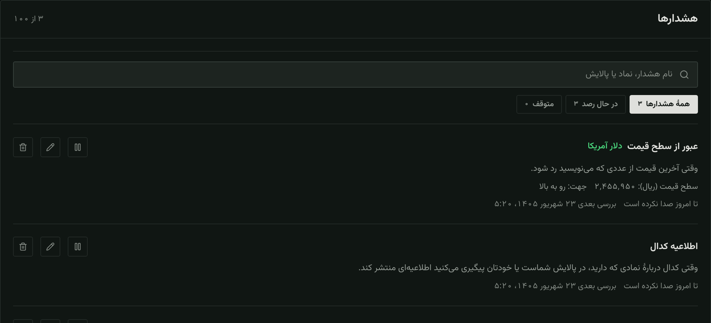 فهرست قاعده‌های هشدار در «رصد» با نوع هر شرط، وضعیتش و آخرین باری که رخ داده است.